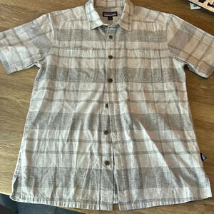 PATAGONIA ORGANIC COTTON MENS SHORT SLEEVE PLAID/CHECK BUTTON DOWN SZ LARGE